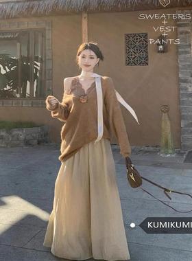 kumikumi复古套装女立体花朵软糯毛衣内搭背心秋季休闲长裤三件套
