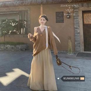 kumikumi复古套装女立体花朵软糯毛衣内搭背心秋季休闲长裤三件套