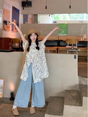 日系甜美套装女夏季2024新款印花中长款衬衫水洗阔腿牛仔裤两件套