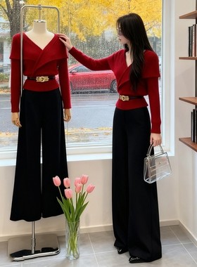 秋季气质一整套大方得体轻奢高级感韩里韩气红色针织收腰套装裤女