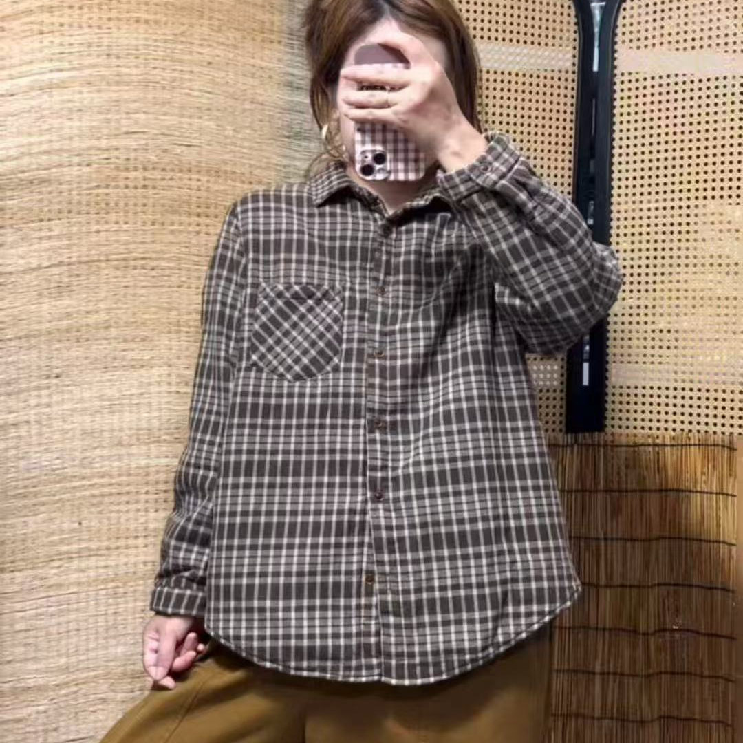 日系夹棉格子衬衣外套女文艺复古时尚翻领休闲保暖上衣潮T22 23