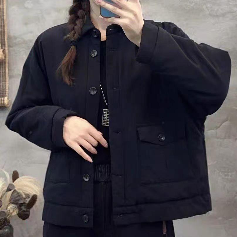 纯色简约立领单排扣棉衣外套