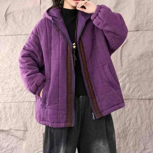 砂洗炒色做旧时尚拼色连帽休闲棉服外套女宽松百搭保暖上衣T24
