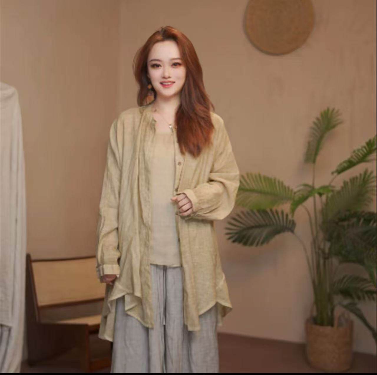 苎麻长袖超大版型斜纹炒色百搭立领高货中长罩衫衬衫外套C24