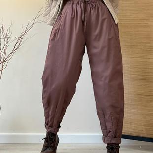 I24 纯色休闲夹棉加厚哈伦萝卜裤 女抽绳松紧高腰文艺哈伦裤