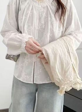 甜美减龄花朵刺绣休闲衬衣女新款时尚木耳边拼接宽松衬衫C32