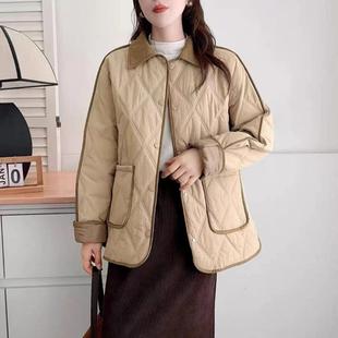 百搭棉衣P22 纯色菱形压线休闲翻领薄款 棉服女秋冬宽松时尚