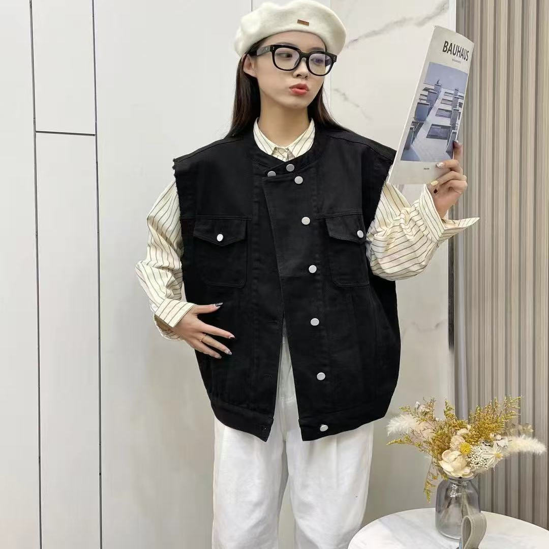 加肥大码宽松立领带扣纯色百搭简约休闲春秋叠穿流苏无袖坎肩C24