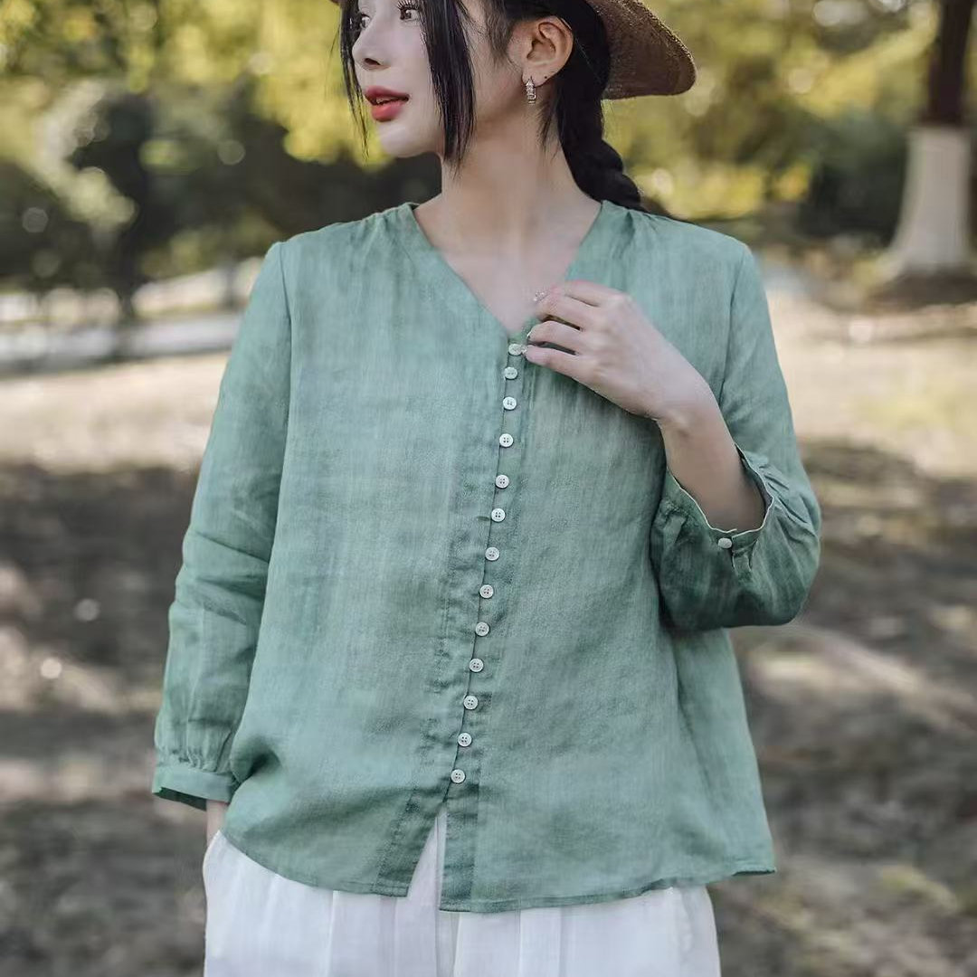 纯色简约小V领单排扣苎麻衬衣女夏季宽松百搭休闲文艺上衣R23