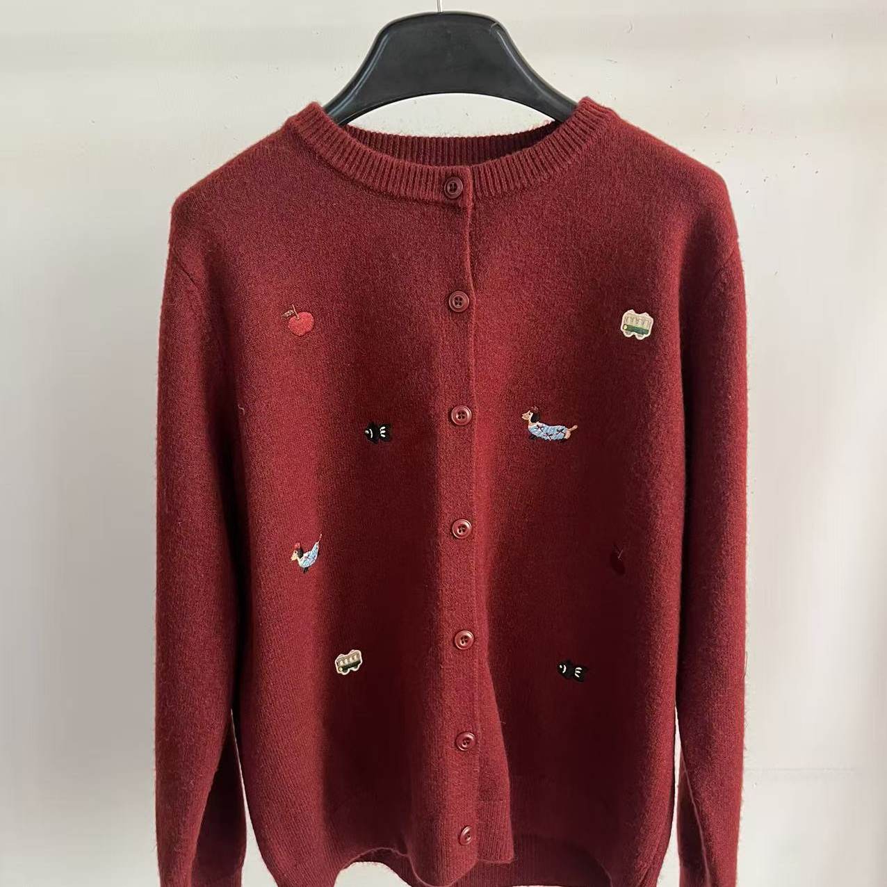 卡通动物刺绣单排纽扣针织开衫女宽松百搭显瘦时尚毛衣外套