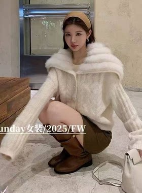 加厚保暖时尚大翻毛领针织外套女冬季新款宽松百搭上衣潮N15