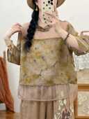 文艺百支苎麻复古盘扣拼接印花上衣女宽松显瘦百搭气质衬衫 潮P33