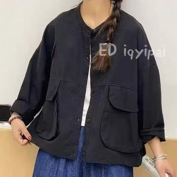 春秋新款水洗棉宽松百搭上衣女个性袋盖双口袋纯色外套J13