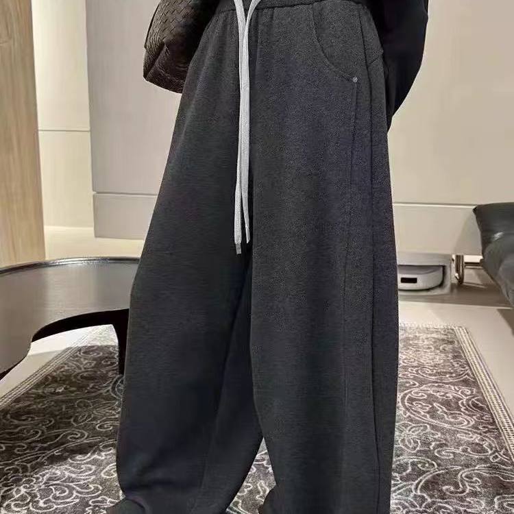 简约纯色加绒加厚直筒休闲裤女新款松紧高腰弯刀裤拖地裤G11