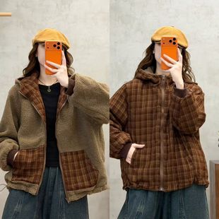 时尚双面穿格纹羊羔毛棉服女复古宽松百搭连帽保暖外套H21