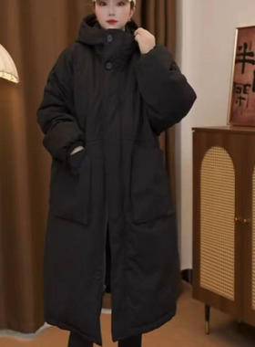 中长款大双口袋连帽加棉加厚保暖棉服外套文艺复古纯色棉衣K41