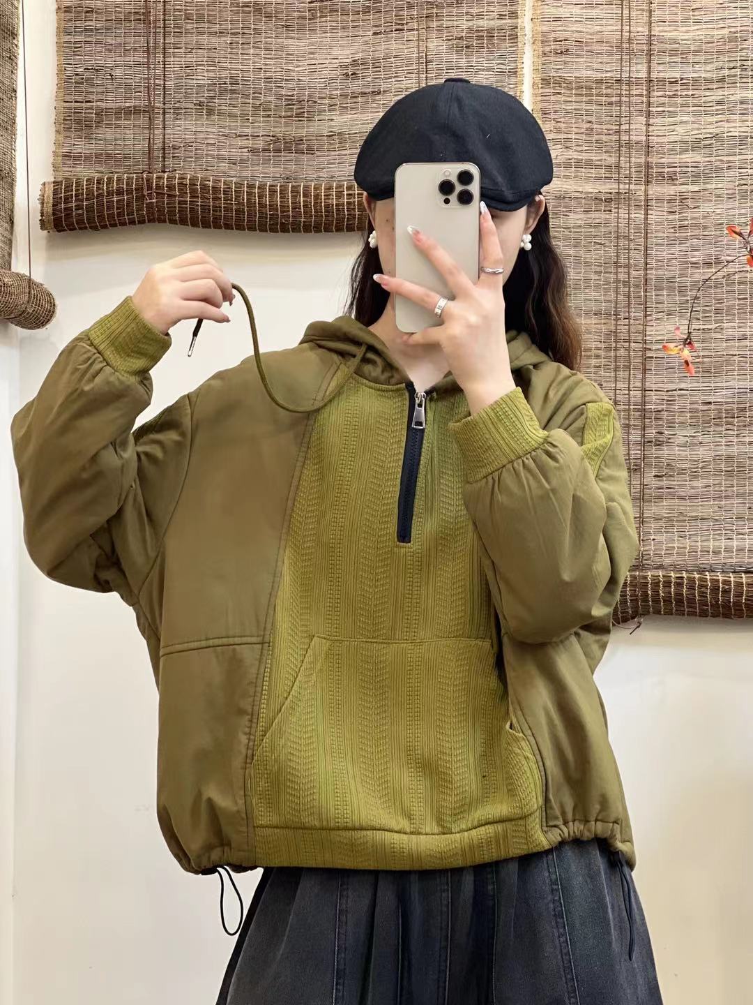 文艺加棉加厚休闲半襟拉链针织拼接套头卫衣秋冬连帽棉服L13#