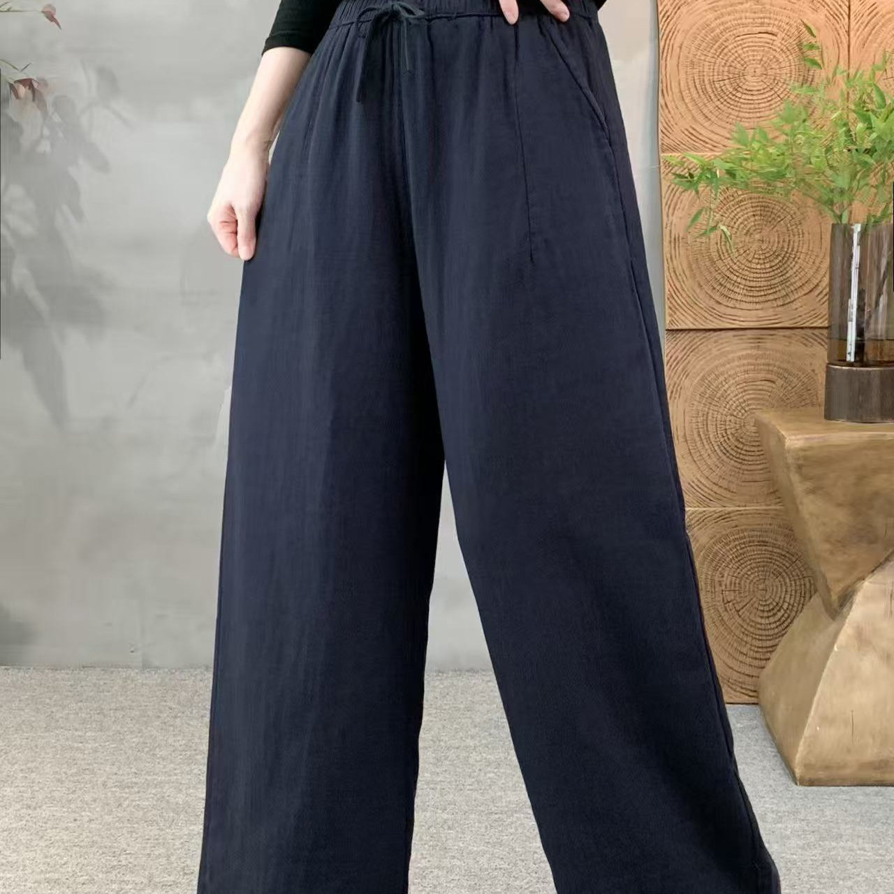 加厚双纱宽松百搭直筒阔腿裤新款文艺纯色抽绳收腰显瘦舒适裤F42