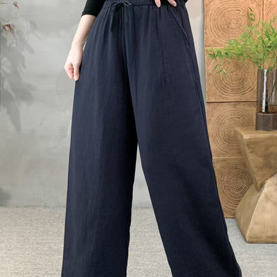 加厚双纱宽松百搭直筒阔腿裤新款文艺纯色抽绳收腰显瘦舒适裤F42
