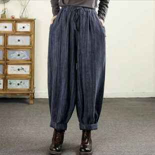 G44 宽松显瘦系带复古哈伦裤 女大版 松紧高腰条纹系带老爹裤