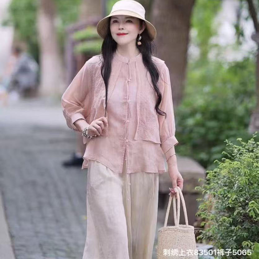 设计感文艺刺绣苎麻假两件立领上衣女国风盘扣长袖衬衣G43
