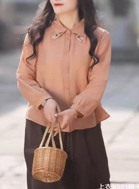 简约系百支苎麻小衫纯色气质减龄上衣春季文艺感宽松长袖衬衫B13
