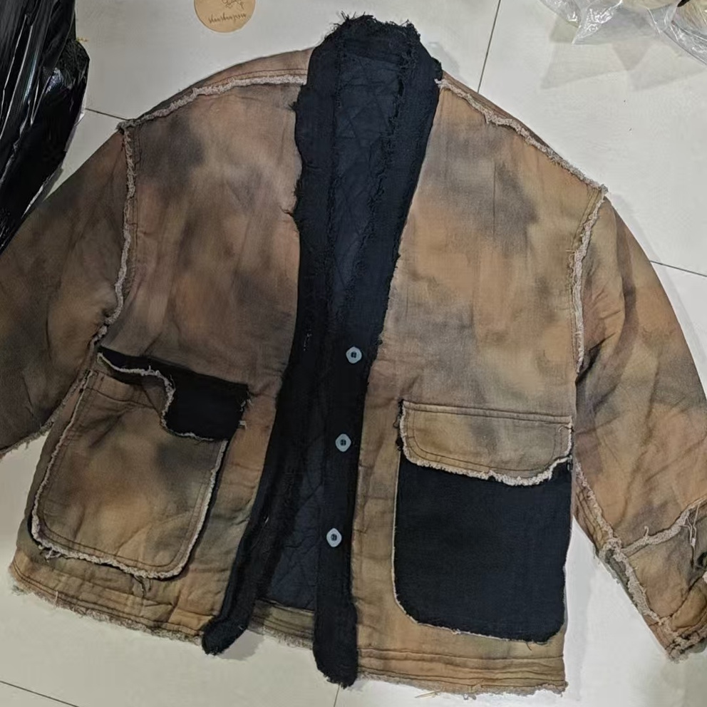 时尚个性毛边夹棉加厚棉服外套复古宽松百搭单排扣棉衣B12