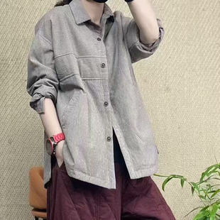 日系拼接休闲条纹夹薄款 文艺上衣C42 衬衣外套女宽松百搭时尚