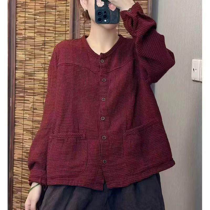 麻料千鸟格纹大码立领宽松双口袋单排扣衬衫减龄时尚百搭小衫C32,女装/女士精品,衬衫,淘宝优惠券,粉丝福利购,淘宝优惠卷