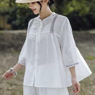 領(lǐng)口系帶小刺繡襯衣女新款 簡(jiǎn)約時(shí)尚 純苧麻文藝百搭襯衣I15
