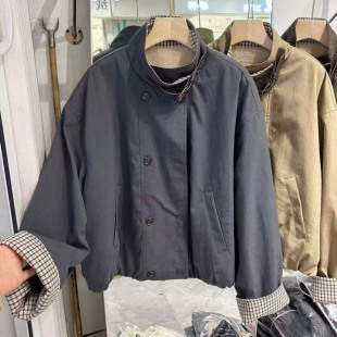 时尚休闲内里格纹拼接立领棉服外套女宽松百搭双排扣棉衣P25