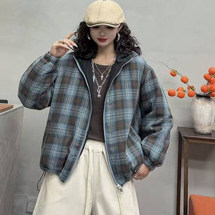 抽绳棉衣L21 格纹连帽宽松百搭休闲夹棉棉服女文艺复古时尚