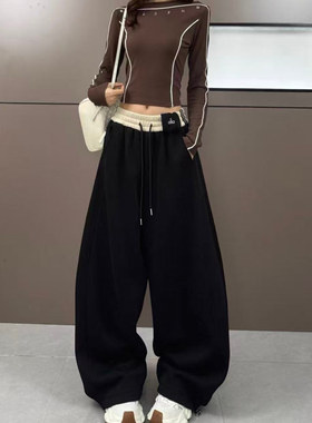 设计感时尚撞色加绒加厚弯刀卫裤女冬季新款保暖休闲裤F42