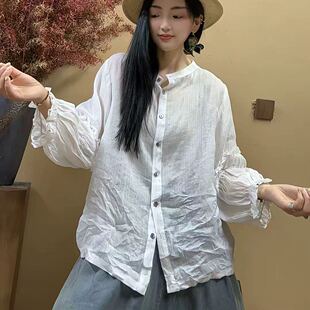 个性时尚宽松百搭单排扣衬衣女新款纯苎麻凉快轻薄衬衫Q33