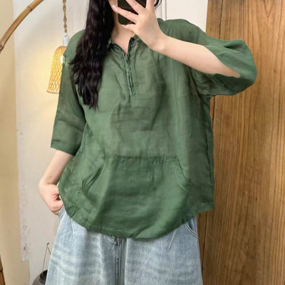 休闲半开襟拉链套头苎麻小衫女文艺宽松百搭显瘦衬衣潮L22