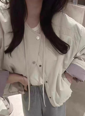 设计感领口系带夹棉棉服外套女文艺宽松百搭时尚棉衣潮R21