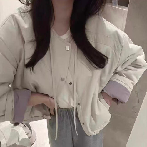 设计感领口系带夹棉棉服外套女文艺宽松百搭时尚棉衣潮R21