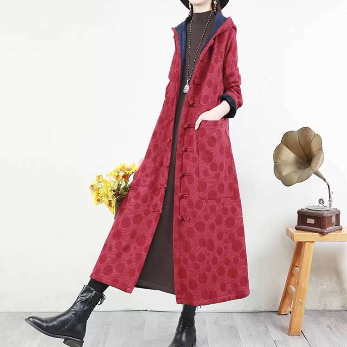 民族风时尚波点提花加绒连帽外套女中长款国风盘扣上衣潮