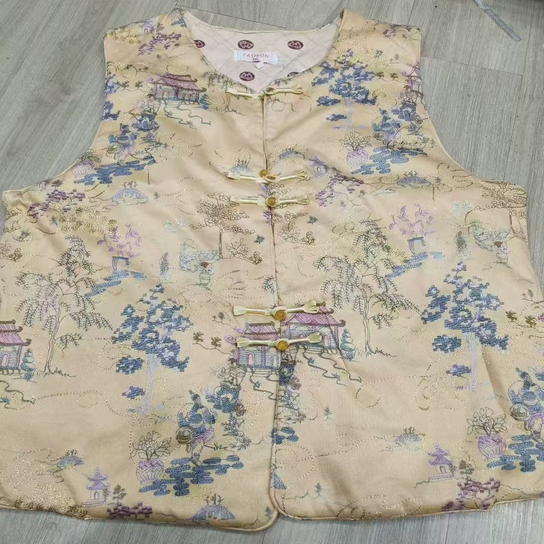 新中式重工刺绣提花马甲女新款国风对襟盘扣坎肩夹棉背心外套P35