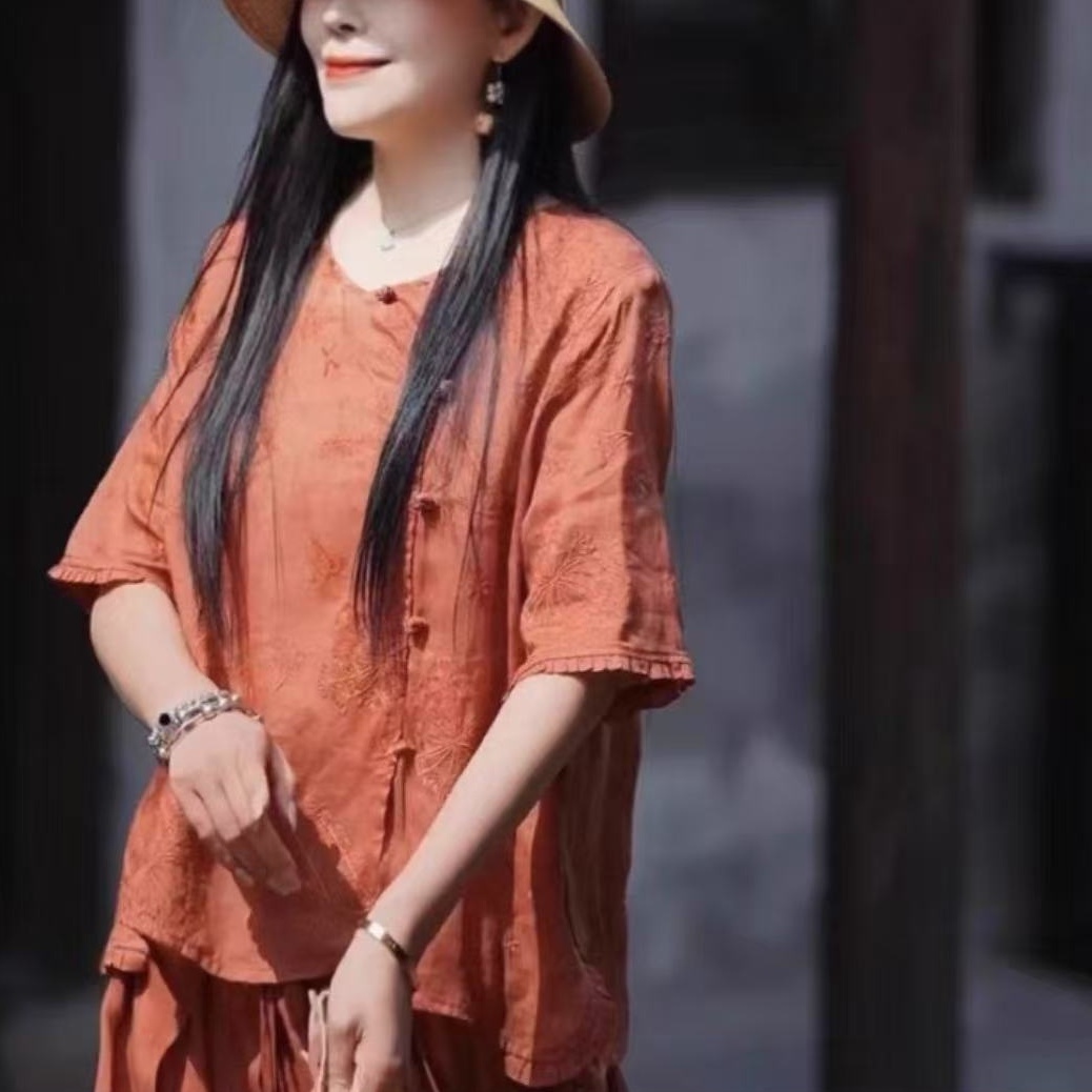 中式斜门襟盘扣刺绣衬衣女夏季新款减龄花边拼接休闲上衣n12