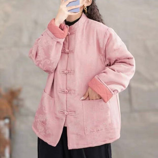 中式 国风盘扣立领重工精致满提花夹棉外套女文艺宽松棉服