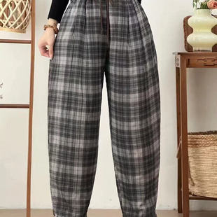 日系复古文艺宽松百搭格子休闲裤 M24 抽绳收腰显瘦加厚哈伦裤