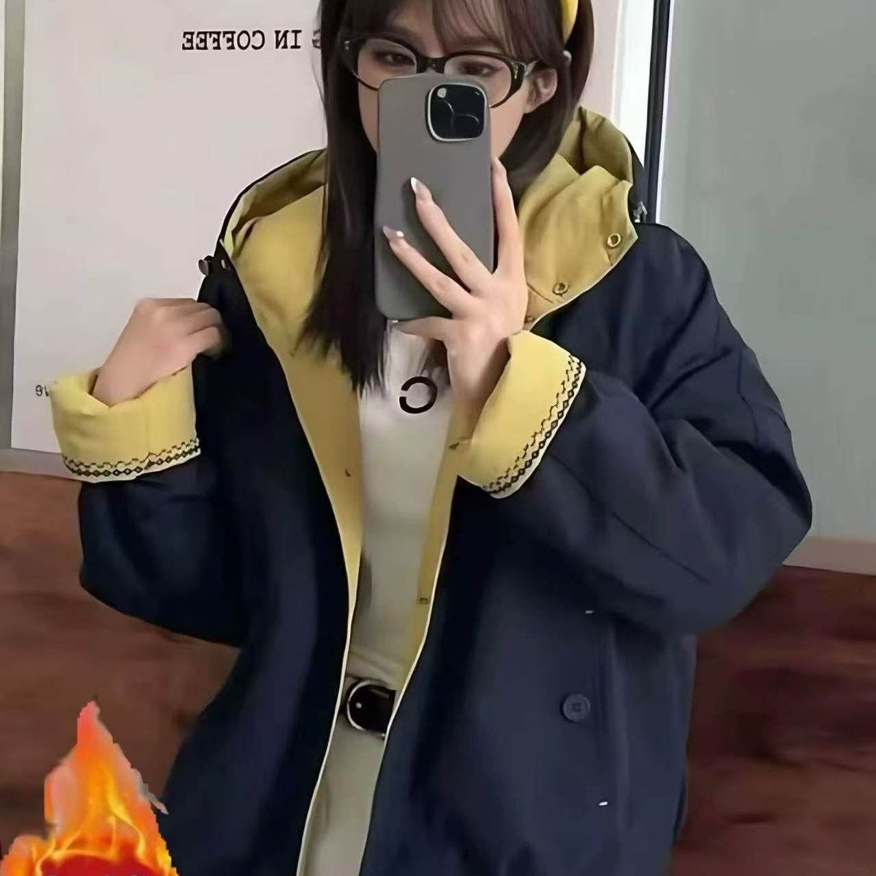 兔绒重工刺绣撞色加绒加厚棉服外套女冬季宽松百搭保暖棉衣K14