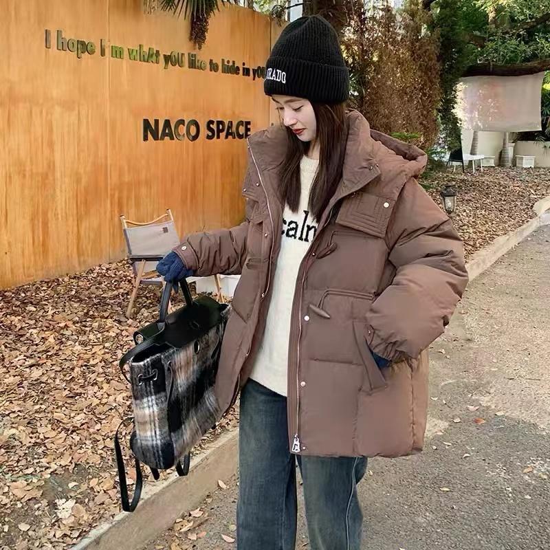 中长款牛角扣宽松大码加厚羽绒服上衣女百搭休闲连帽外套H21