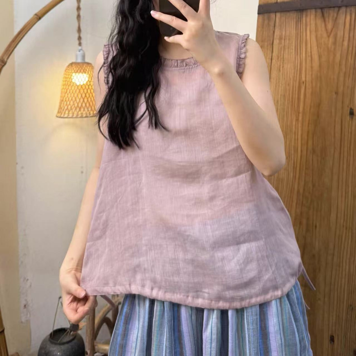 100%纯苎麻轻薄舒适无袖坎肩背心减龄木耳边拼接抽绳上衣 T黑袋