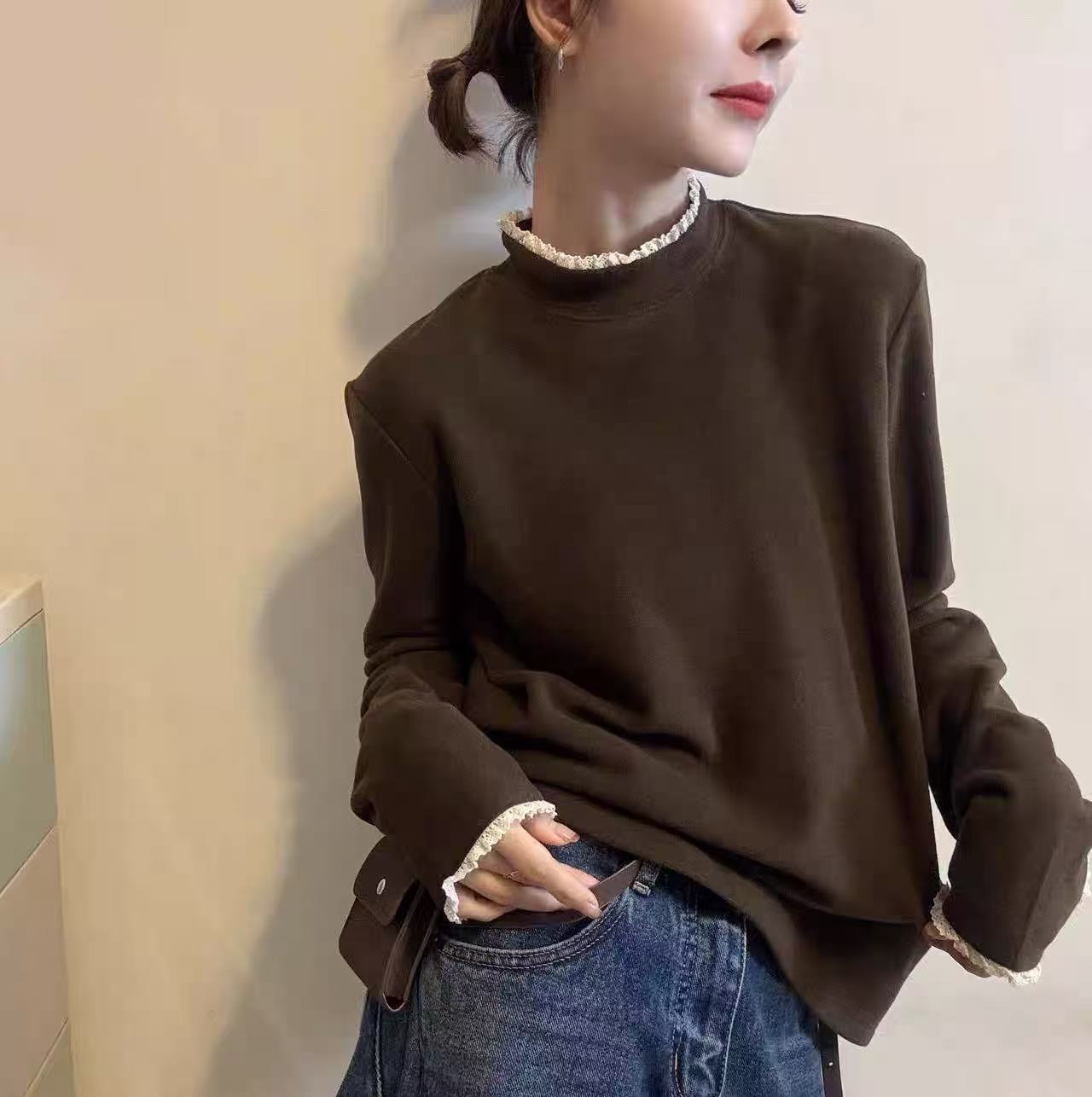 木耳花边领拼接德绒打底衫文艺纯色宽松百搭时尚上衣女H14