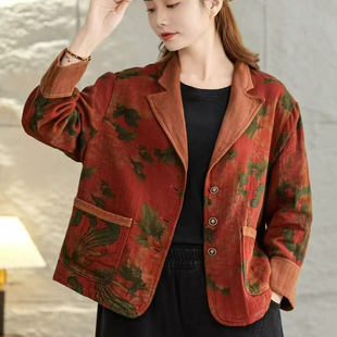 宽松百搭西装 印花上衣女新款 领外套S13 数码 复古民族风时尚