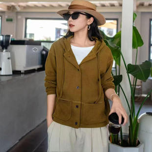 春秋新款 外套C43 复古文艺纯色连帽休闲双口袋上衣宽松百搭时尚
