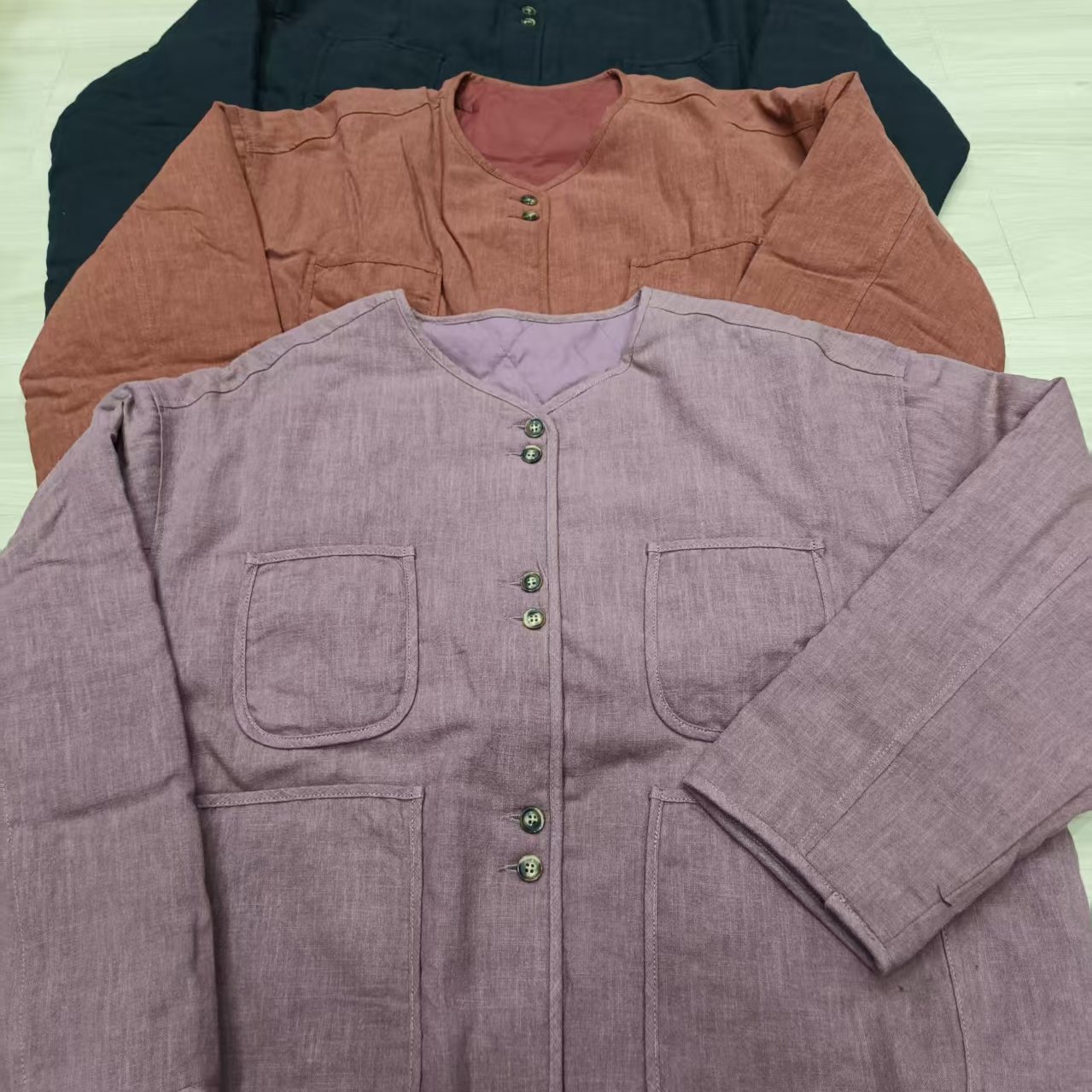 苎麻单排扣多扣夹棉棉服女复古文艺休闲多口袋保暖棉衣1216