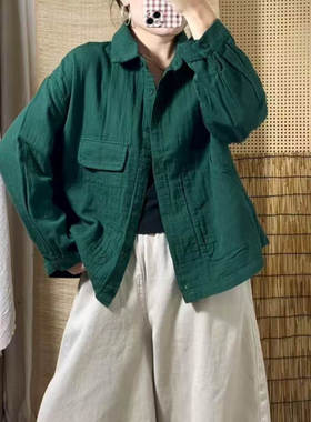 休闲翻领单排扣文艺纯色衬衣女时尚大双口袋宽松百搭上衣D41